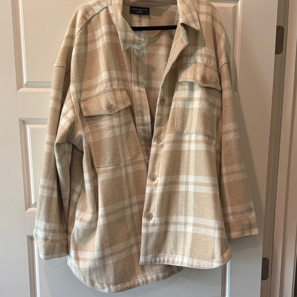Lane Bryant Plaid Utility Shacket in Beige and Cream